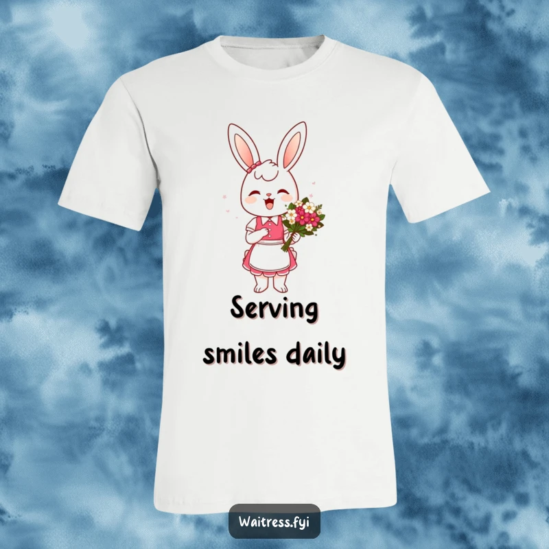 Funny Bunny Waitress T-Shirt: A cheerful bunny waitress offers a flower bouquet with an elegant curtsey, embodying delightful service.