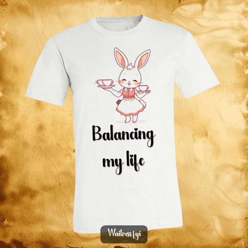 Funny bunny waitress t-shirt depicting a smiling bunny meticulously balancing a tray laden with teacups, exuding charm.