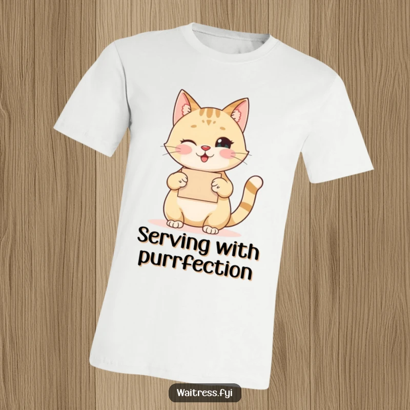 Funny cat t-shirt of a happy cat taking an order with a polite nod and a twinkling eye, charming and amusing.