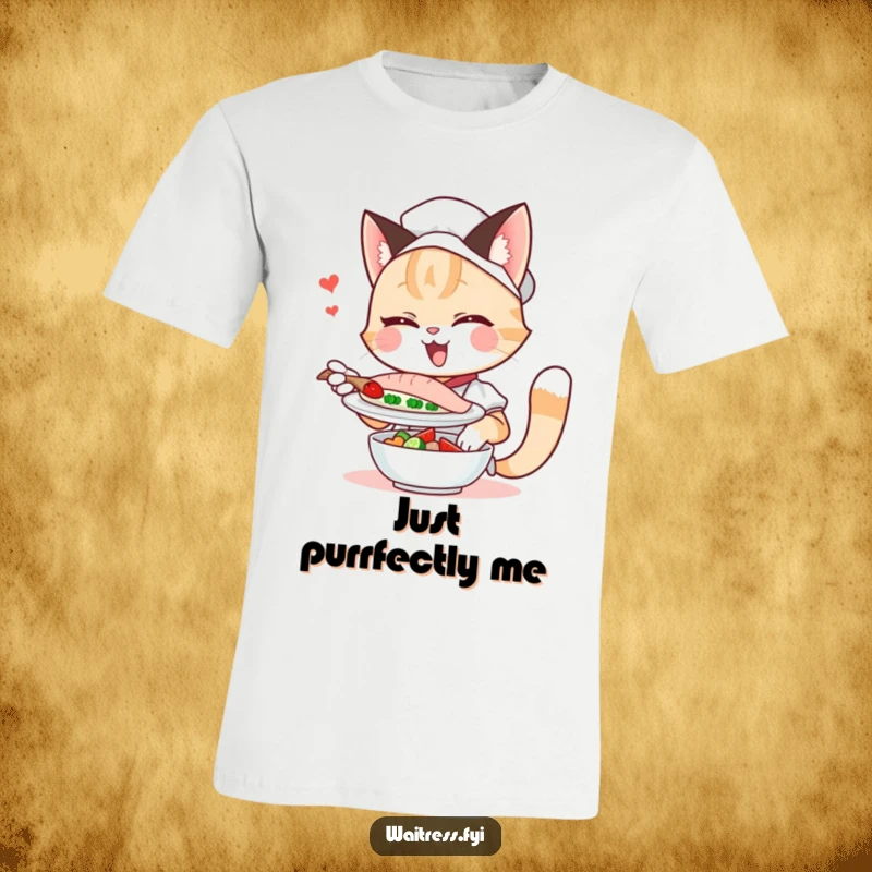 Funny winking cat waitress t-shirt, expertly serving a fish dish with a mischievous grin, a humorous gift.