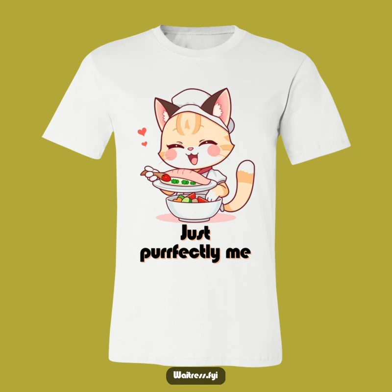 Funny Cat Waitress T-Shirt: Winking Feline Serving Fish, Hilarious Gift Apparel