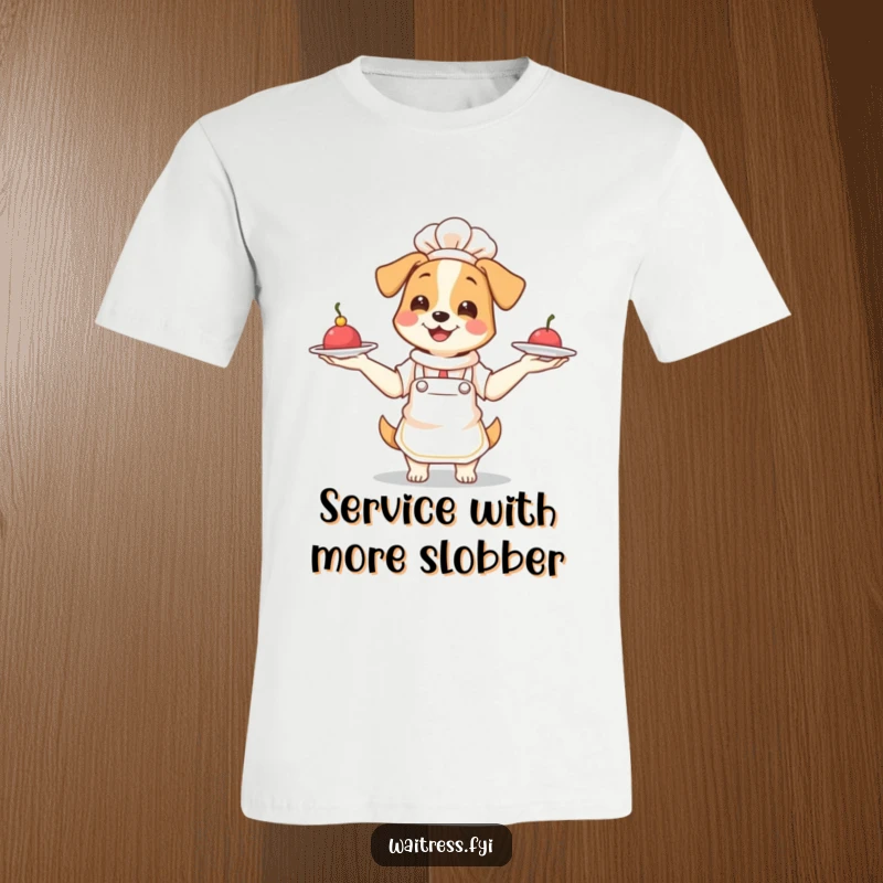 Funny Dog Waitress T-Shirt: Smiling dog wearing apron, gleefully juggling three tiny plates, perfect meme shirt.