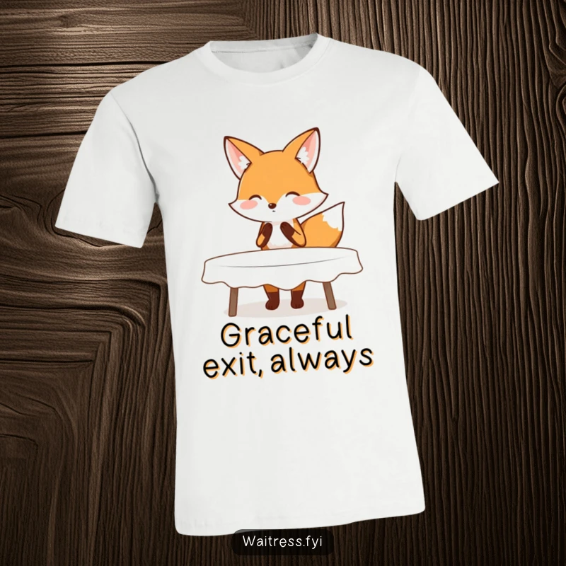 Funny t-shirt depicting a blushing fox executing a polite curtsy while clearing a table, showcasing grace and whimsical humor.