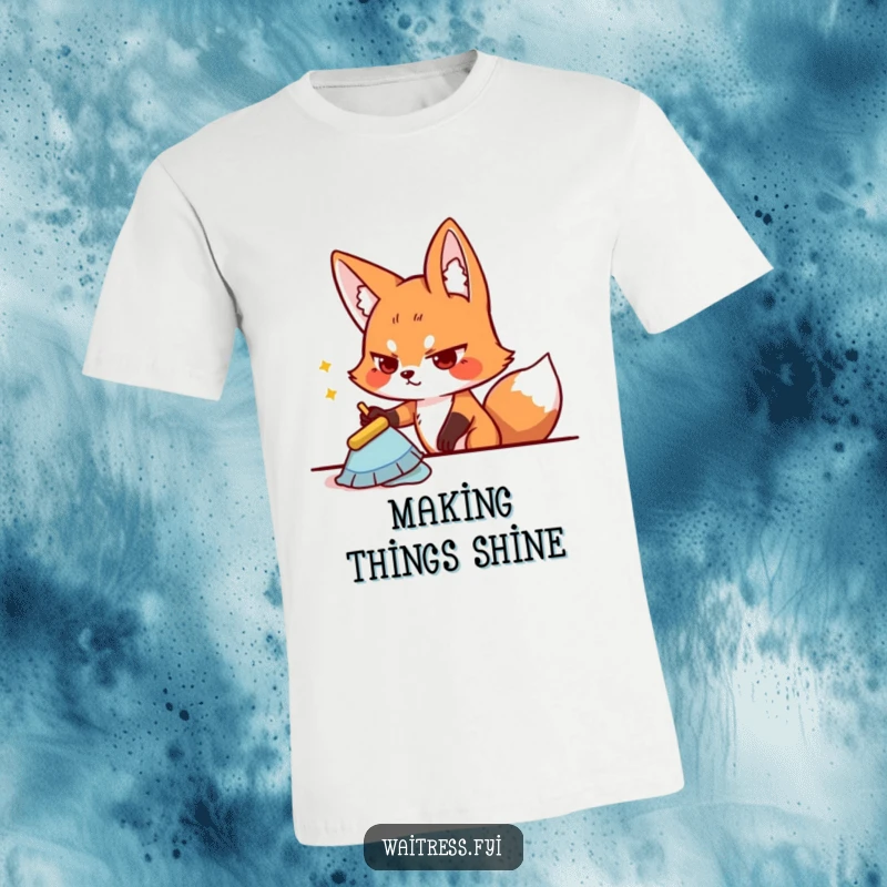Funny playful fox character wiping a table with a determined expression on a t-shirt, perfect for neat freaks.
