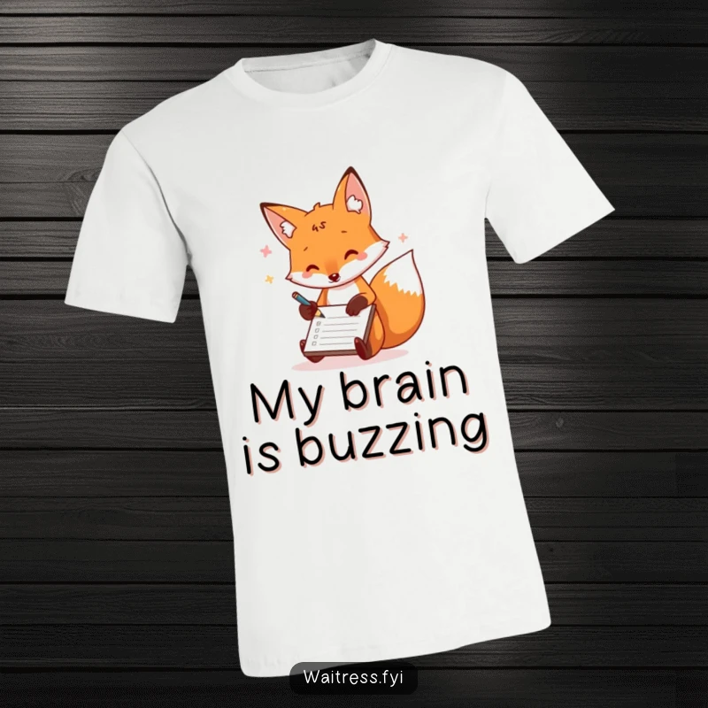 Funny fox t-shirt of a playful fox quickly scribbling orders on a notepad, conveying cheerful productivity.