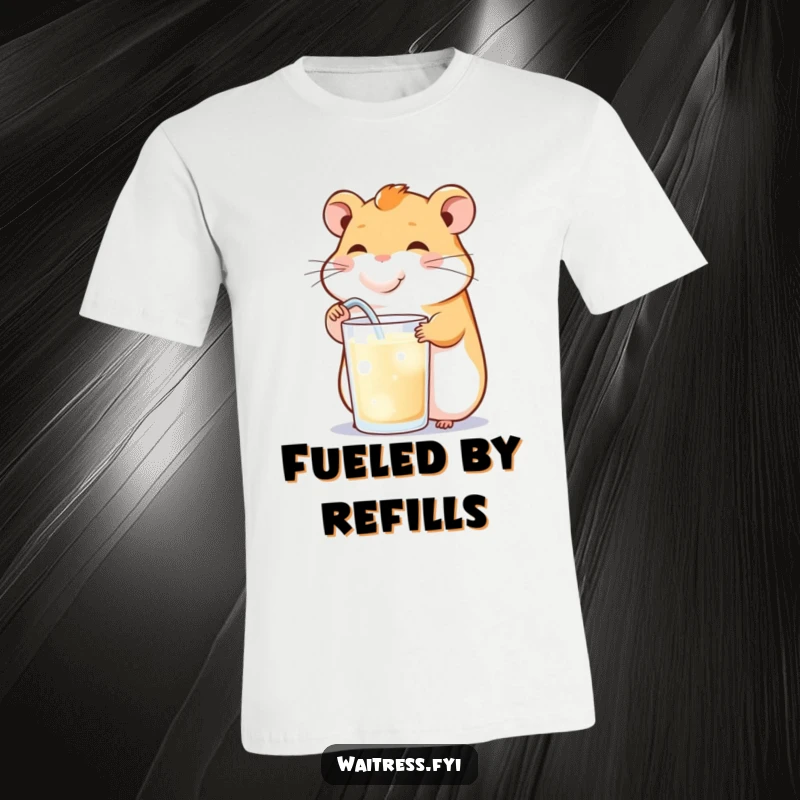 Funny t-shirt with a happy hamster cheekily refilling a drink, symbolizing refreshment and humorous abundance.
