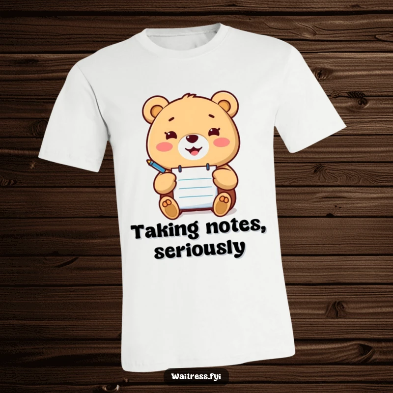 Funny Kawaii bear t-shirt showing a happy bear holding a notepad and pen, ready to take orders, great for fans.