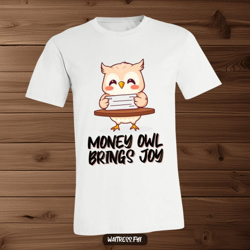 Funny t-shirt graphic of a delighted owl carrying a check, representing financial success and good earnings with humor.