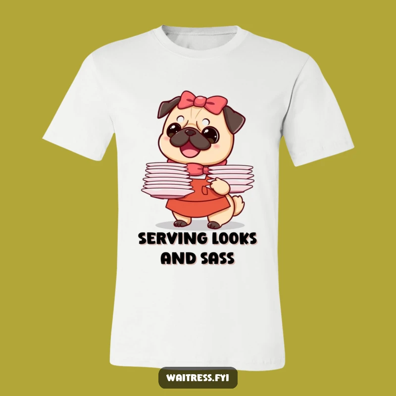Funny Pug Waitress T-Shirt: Happy Dog with Plates, Hilarious Gift for Pet Enthusiasts