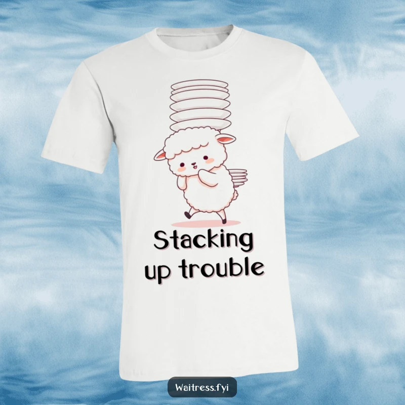 Funny Sheep Plate Struggle T-Shirt featuring a fluffy sheep character adorably struggling to carry a tall stack of plates, celebrating perseverance.