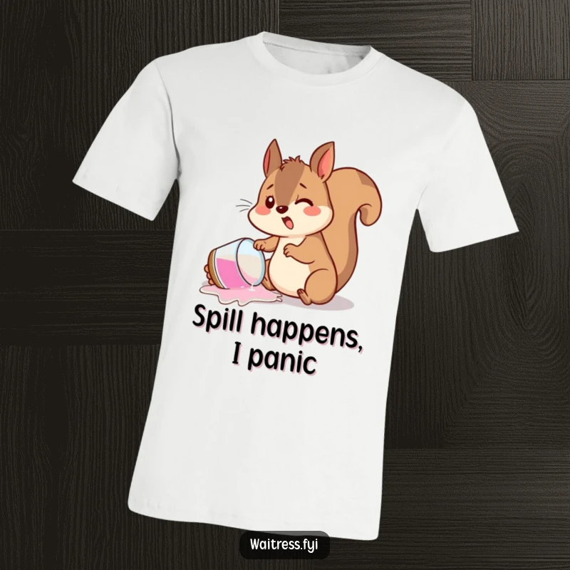 Funny t-shirt graphic of a startled squirrel caught in the act of spilling a drink, symbolizing playful accidents.