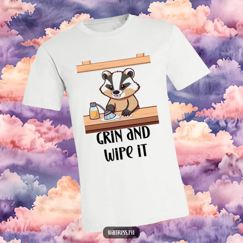 Funny t-shirt showing a determined badger intensely wiping a table with a confident, grinning expression, ready for action.
