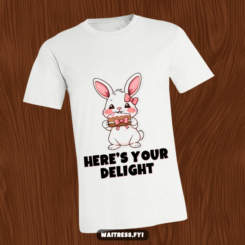 Funny bunny cake t-shirt showing a playful bunny presenting a slice of cake with a ribbon bow.