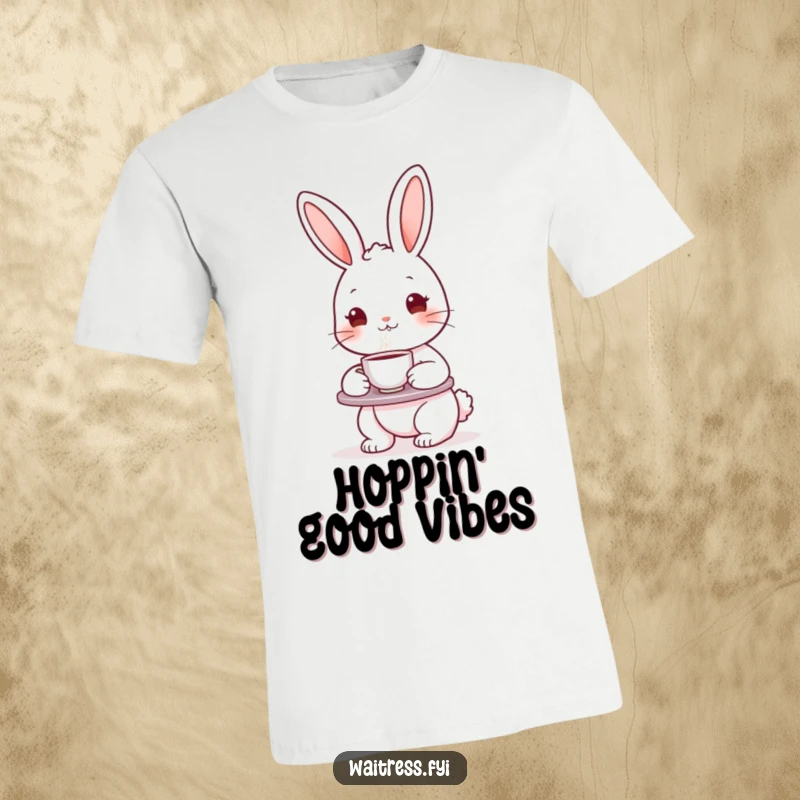 Funny bunny character carrying a tea tray with a steaming teacup, printed on a t-shirt, ideal for tea lovers and cute animal fans.