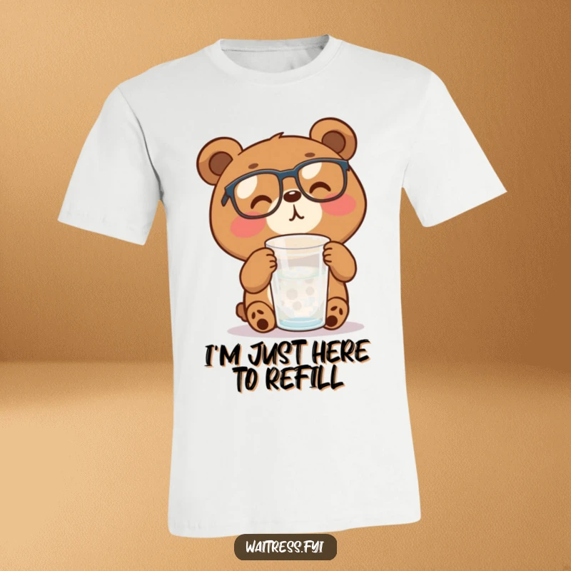 Funny brown bear wearing glasses efficiently refills a water glass, radiating cheerful energy on this t-shirt.