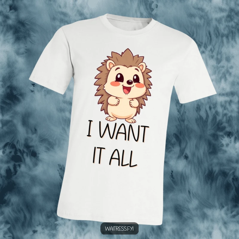 Funny happy hedgehog character with a large menu, looking eager to please, printed on a t-shirt for food enthusiasts.