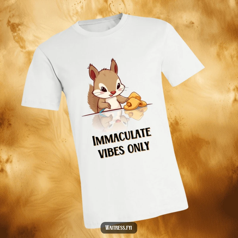 Funny squirrel t-shirt featuring a determined squirrel diligently wiping down a shiny table, a hilarious image of cleanliness.
