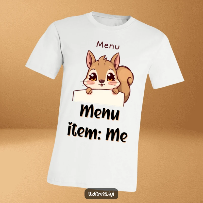Funny squirrel t-shirt, a curious squirrel peeking from behind a menu with wide, surprised eyes. A hilarious animal graphic tee.
