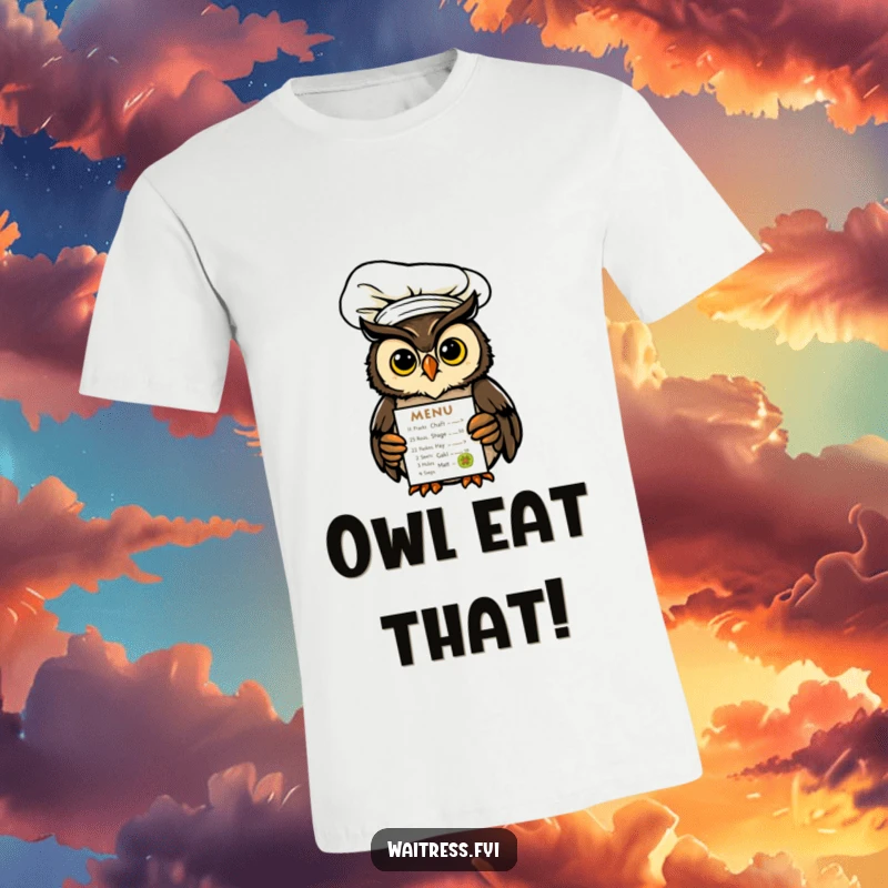 Funny Owl Chef T-Shirt showing a comical owl in a chef hat serving a glowing menu, capturing a delightful foodie spirit.