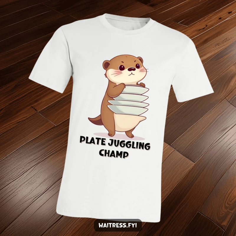 Funny otter t-shirt, a diligent otter precariously balancing a tall stack of plates with a focused gaze, representing impressive dexterity.