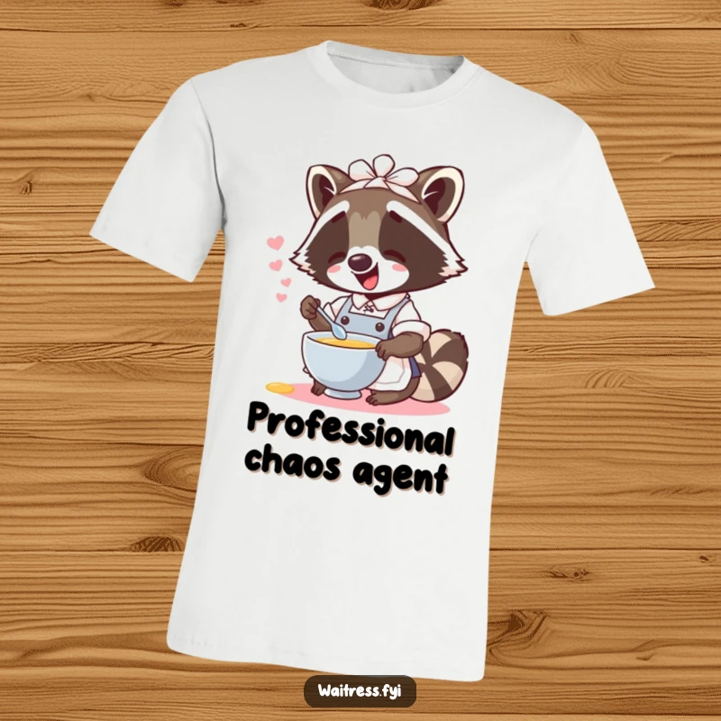 Funny raccoon waitress t-shirt design with a cute, giggling raccoon spilling imaginary soup, perfect for casual wear.