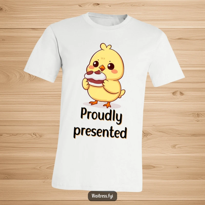 Funny determined chick character presenting a small, wobbly dessert with pride on a t-shirt, perfect for amateur bakers.