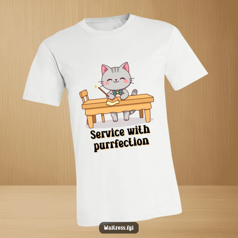 Funny grey cat character with a bow tie, smiling and wiping a table, on a t-shirt, a funny pet owner gift.