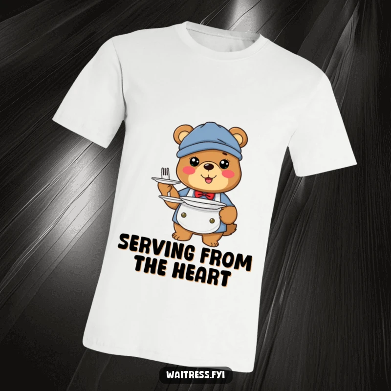 Funny bear server t-shirt featuring a happy bear dressed as a server holding plates.