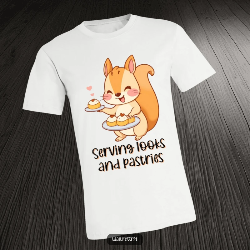 Funny Kawaii Squirrel T-Shirt: A charming squirrel with a big smile enthusiastically offers a platter of tiny, delectable pastries.