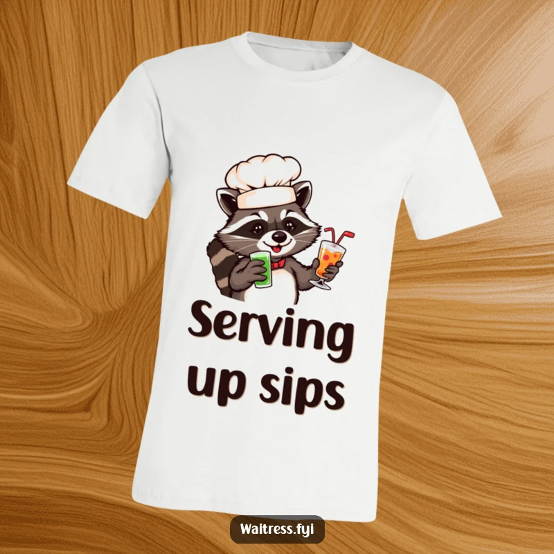 Funny raccoon chef t-shirt featuring a playful raccoon in a chef hat serving drinks.