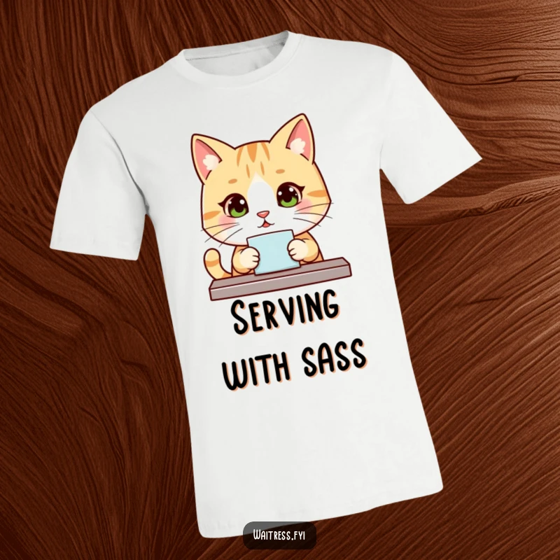 Funny Kawaii Cat Waiter T-Shirt: A cute, polite cat wearing a server's hat, ready to take your order with a sweet gaze.