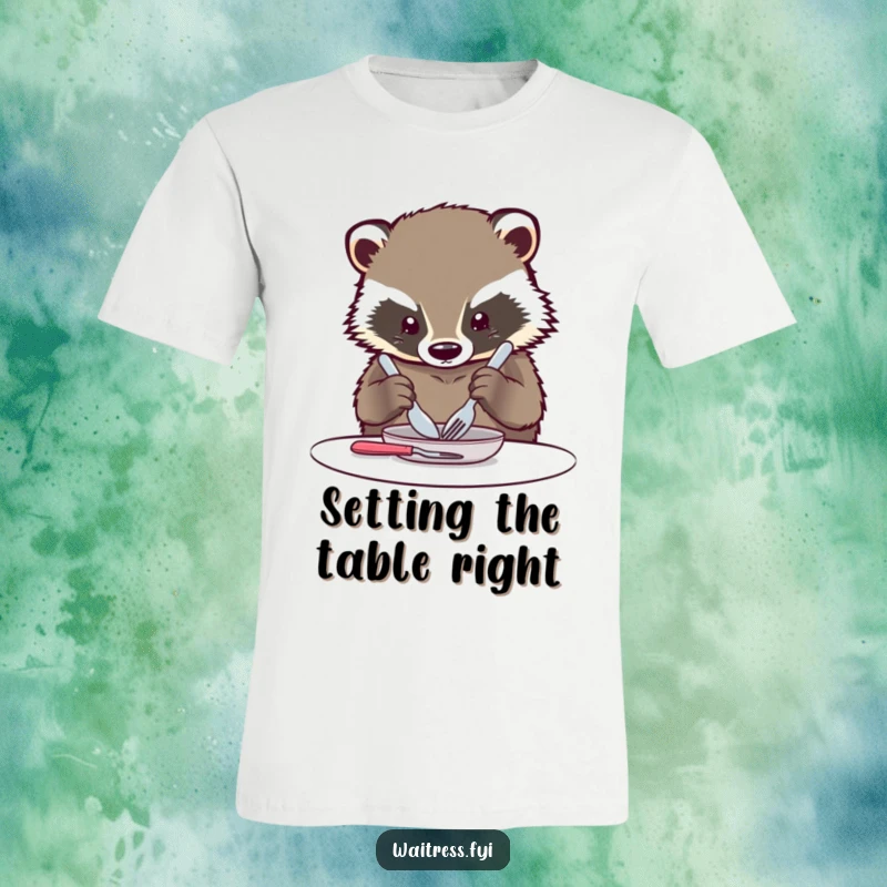 Funny Kawaii Badger T-Shirt: A charming badger meticulously arranges forks, knives, and spoons with focused concentration.