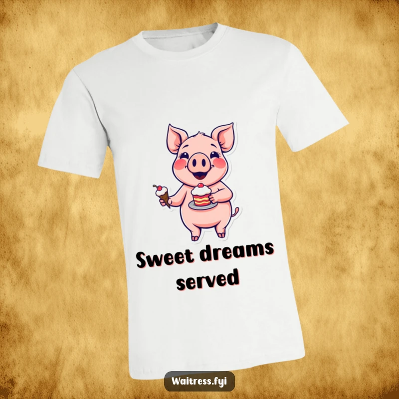 Funny pig dessert t-shirt featuring a smiling cartoon pig in a chef hat, proudly presenting a cupcake with sprinkles and a cherry.