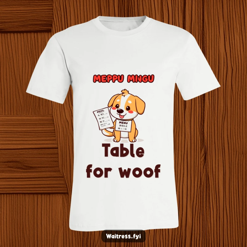 Funny dog waiter t-shirt showcasing a cartoon basset hound in a waiter's attire, holding out a menu with a cheerful expression.