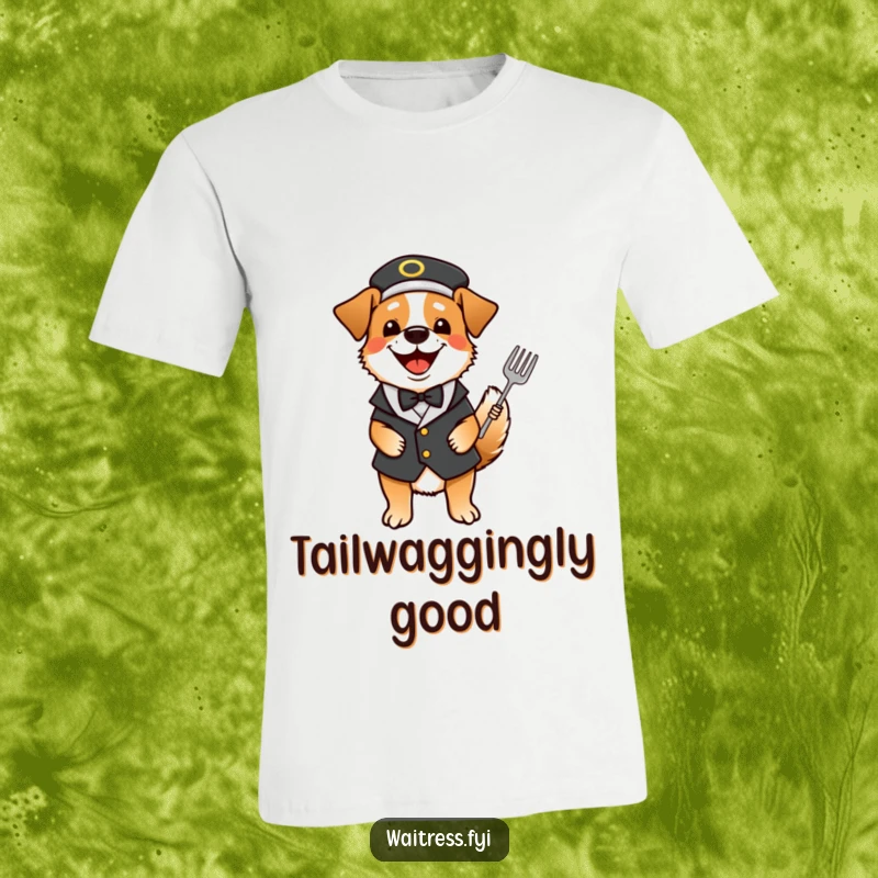 Funny dog waiter t-shirt showing a happy dog dressed as a waiter, wagging its tail with joy.