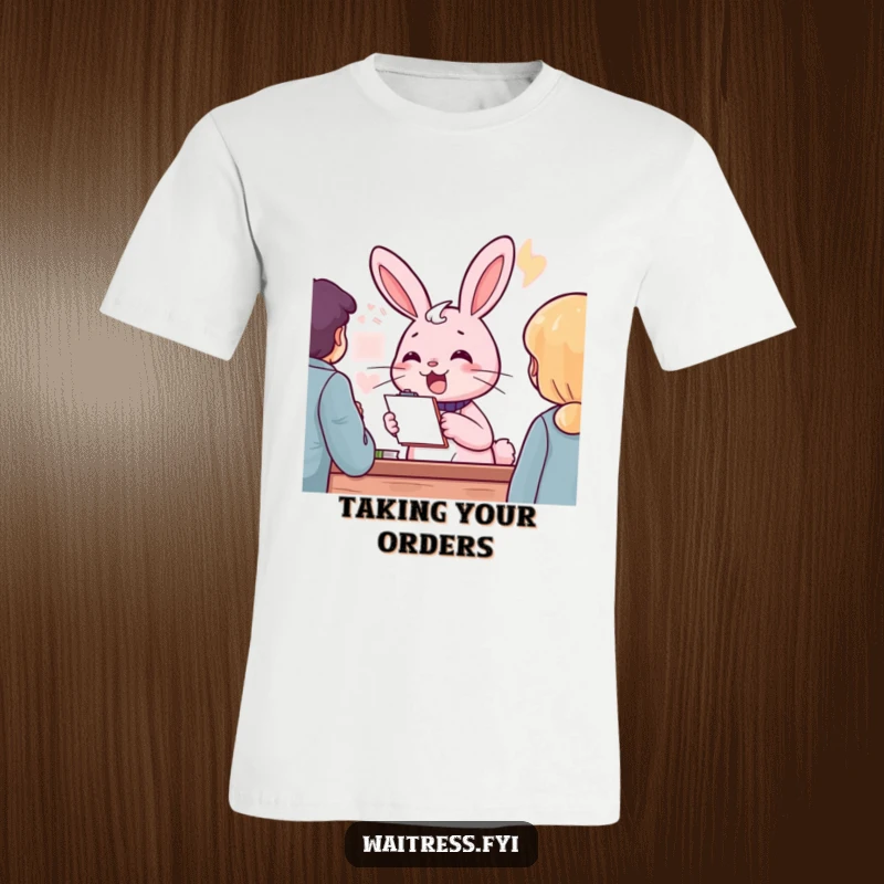Funny pink rabbit character with a notepad, cheerfully taking an order, on a t-shirt, a funny customer service gift.