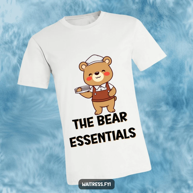 Funny bear waiter t-shirt showing a cheerful bear in a waiter uniform, expertly balancing a stack of plates.