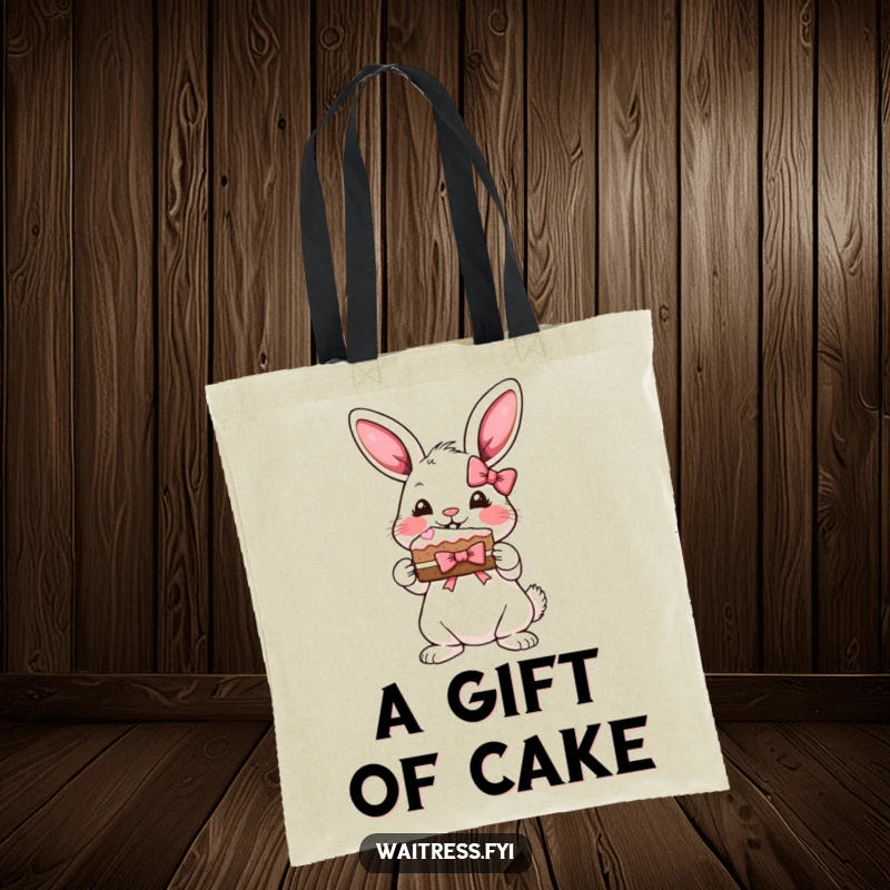 Funny bunny cake tote bag with a playful bunny presenting a slice of cake with a ribbon bow.