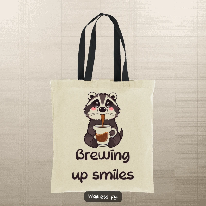 Funny badger coffee tote bag featuring a cartoon badger wearing a barista apron, holding a coffee pot and pouring into a mug.