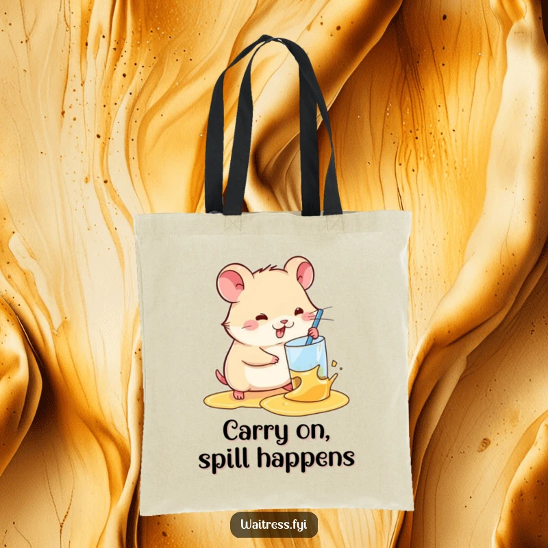 Funny Kawaii Hamster Tote Bag: A cute hamster is shown efficiently wiping away a spilled drink, ready for any task.