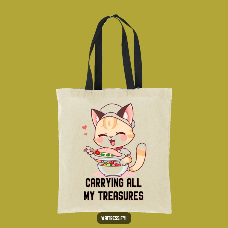 Funny Cat Waitress Tote Bag: Winking Feline Style for Shopping, Humorous Gift