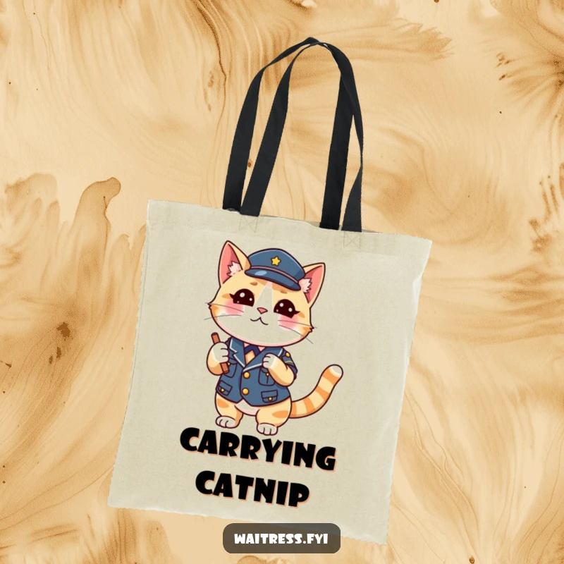 Funny Cat Waiter Tote Bag showcasing a cat in uniform winking while taking an order, great for shopping and as a funny gift.