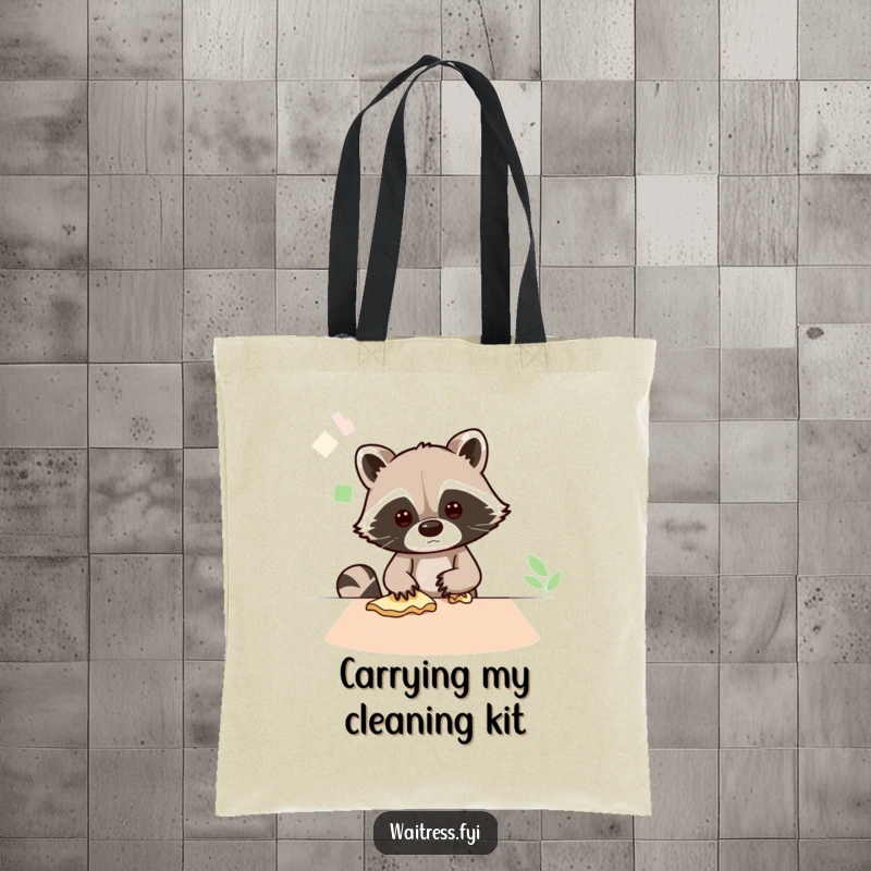 Funny tote bag with a busy Kawaii raccoon wiping a table, perfect for carrying essentials with a hint of cleaning humor.