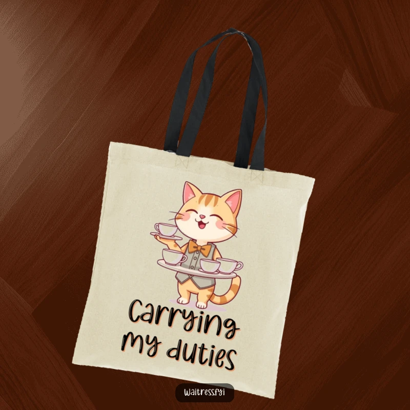 Funny Cat Waiter Tote Bag: A happy cat waiter in a bowtie carries a tray of teacups with perfect balance.