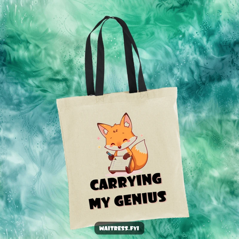 Funny fox tote bag with a playful fox scribbling on a notepad, a humorous and functional accessory.