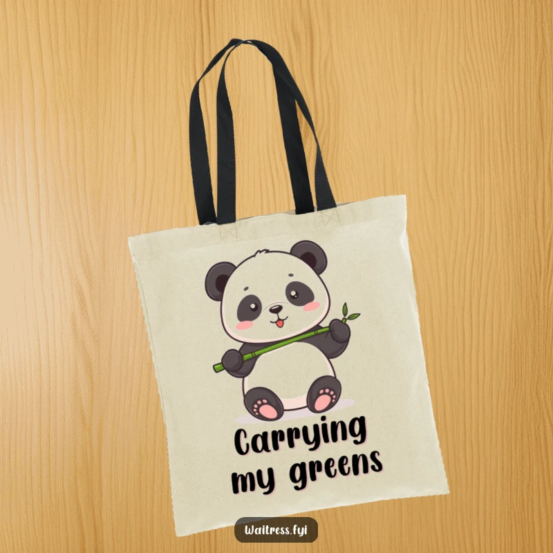 Funny Panda Serving Tote Bag showing a cute panda proudly offering a tiny bamboo shoot, ideal for shopping and everyday use.