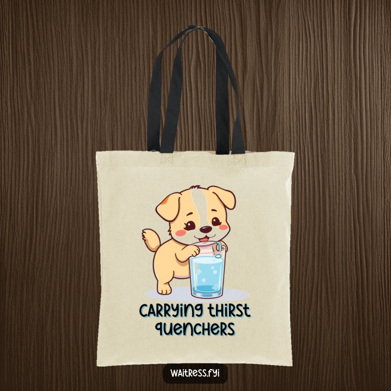 Funny Kawaii Dog Tote Bag: A tail-wagging dog eagerly refilling a water glass, perfect for carrying essentials.