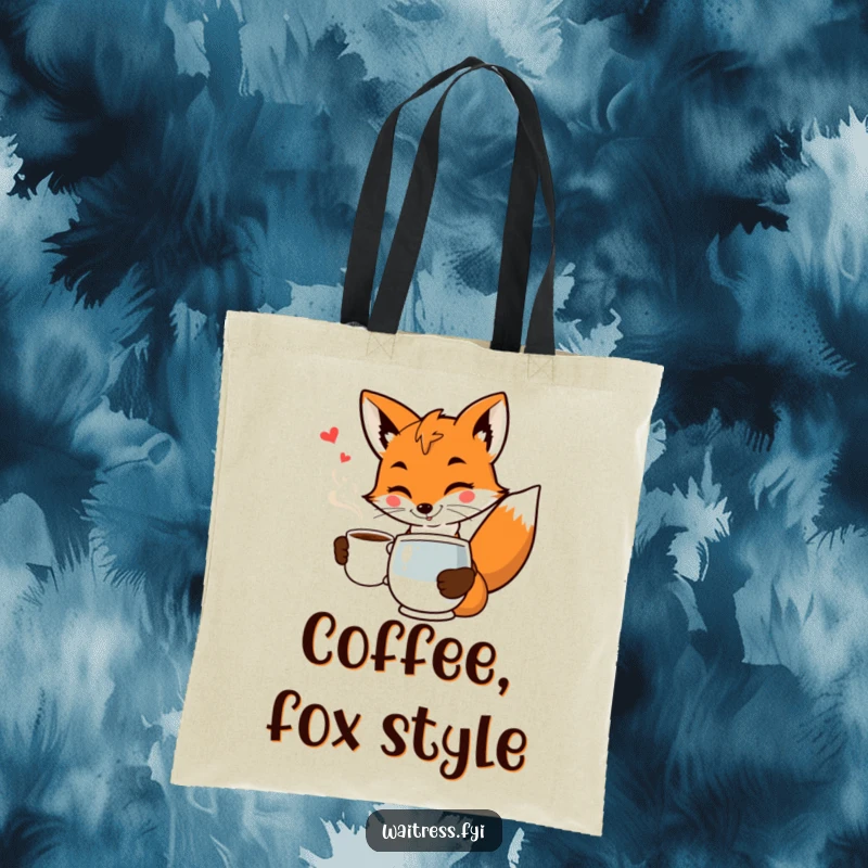 Funny fox waiter tote bag with a smiling fox in uniform serving coffee with a flourish and a wink.