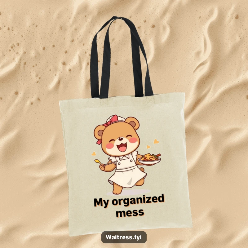 Funny bear waitress tote bag featuring a happy bear comically tripping while saving food, perfect for everyday heroes.