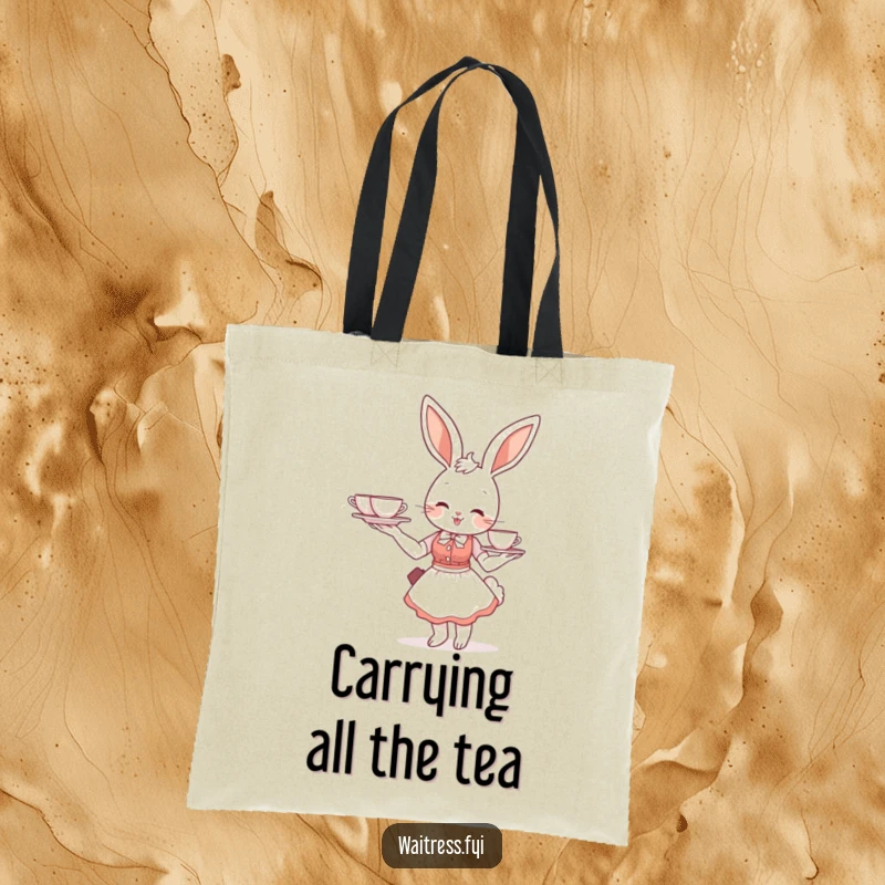 Funny bunny waitress tote bag featuring a smiling bunny balancing a tray of teacups, perfect for tea lovers on the go.